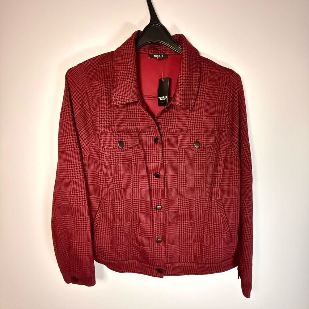 Torrid Jacket Women's Jacket 3X Red Black Plaid Ponte Crop Houndstooth Trucker